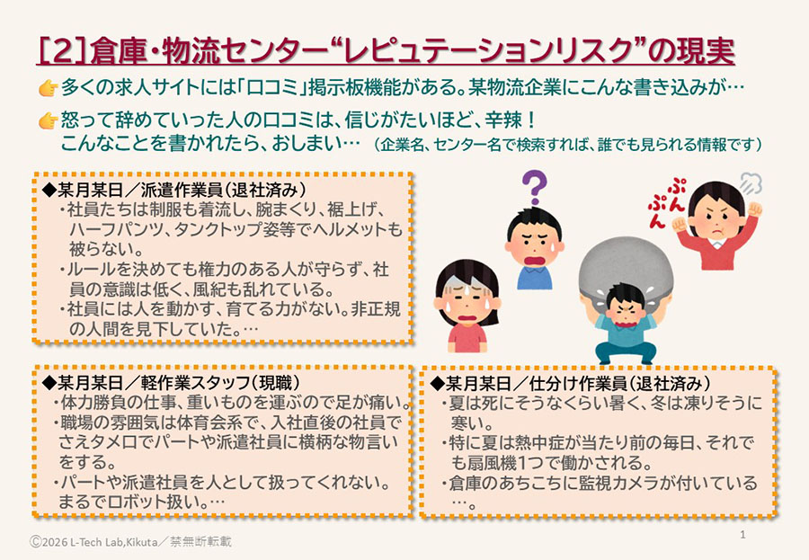 ◆某月某日/派遣作業員(退社済み)
・社員たちは制服も着流し、腕まくり、裾上げ ハーフパンツ、タンクトップ姿等でヘルメットも被らない。
・ルールを決めても権力のある人が守らず、社員の意識は低く、風紀も乱れている。
・社員には人を動かす、育てる力がない。非正規の人間を見下していた。…